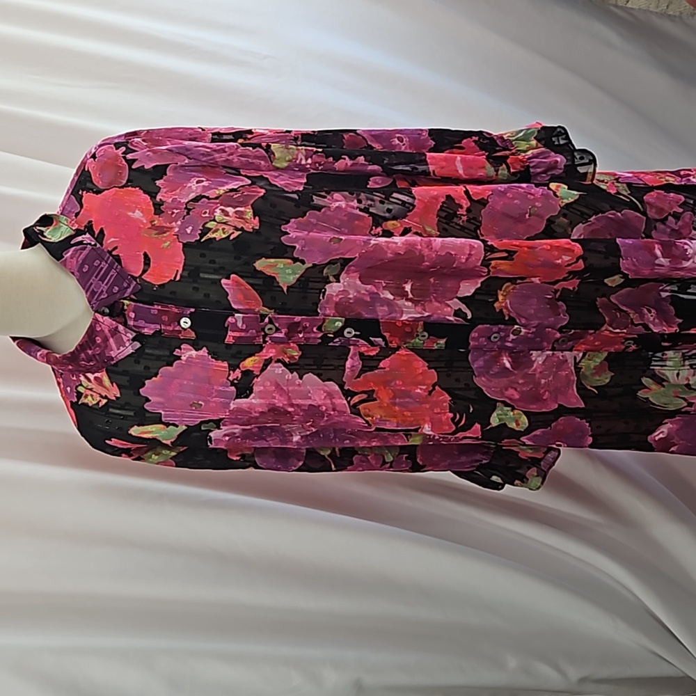 Pink Black Chiffon Susan Graver long sleeve button down tunic jacket